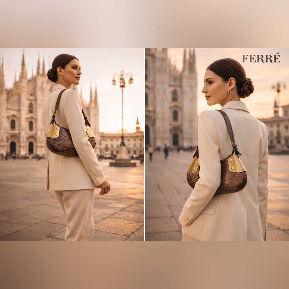 Gianfranco Ferré Vintage Brown Croc Embossed Leather Shoulder Bag Italy